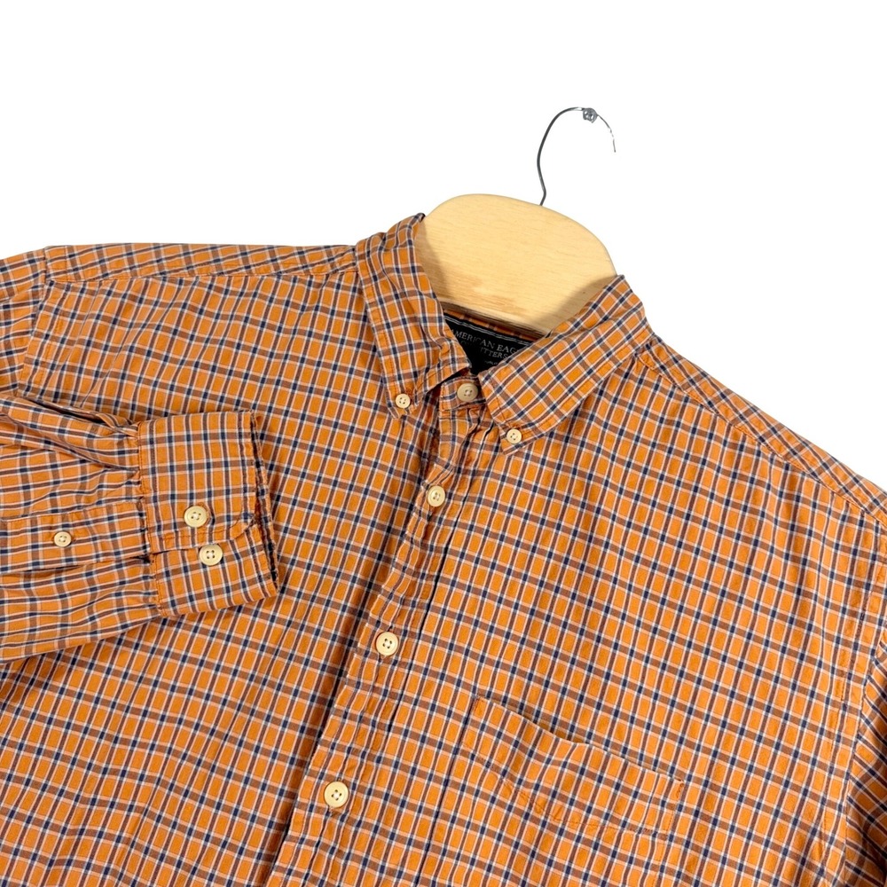 American Eagle Button Down Shirt Mens L Orange Plaid Long Sleeve Fall Outdoorsy